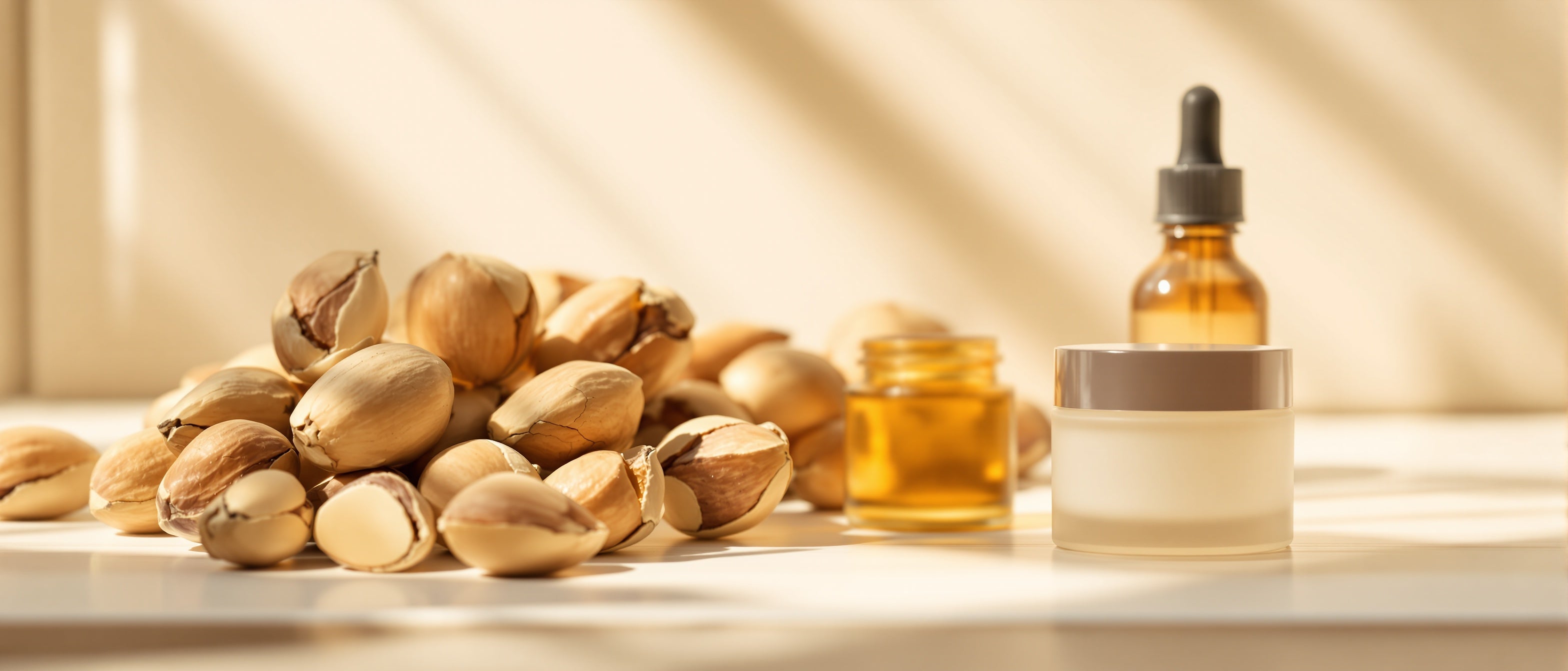 Arganüsse und Arganöl mit Pipette neben schlichtem Cremetiegel – Arganöl für die Haut, Tays Natural