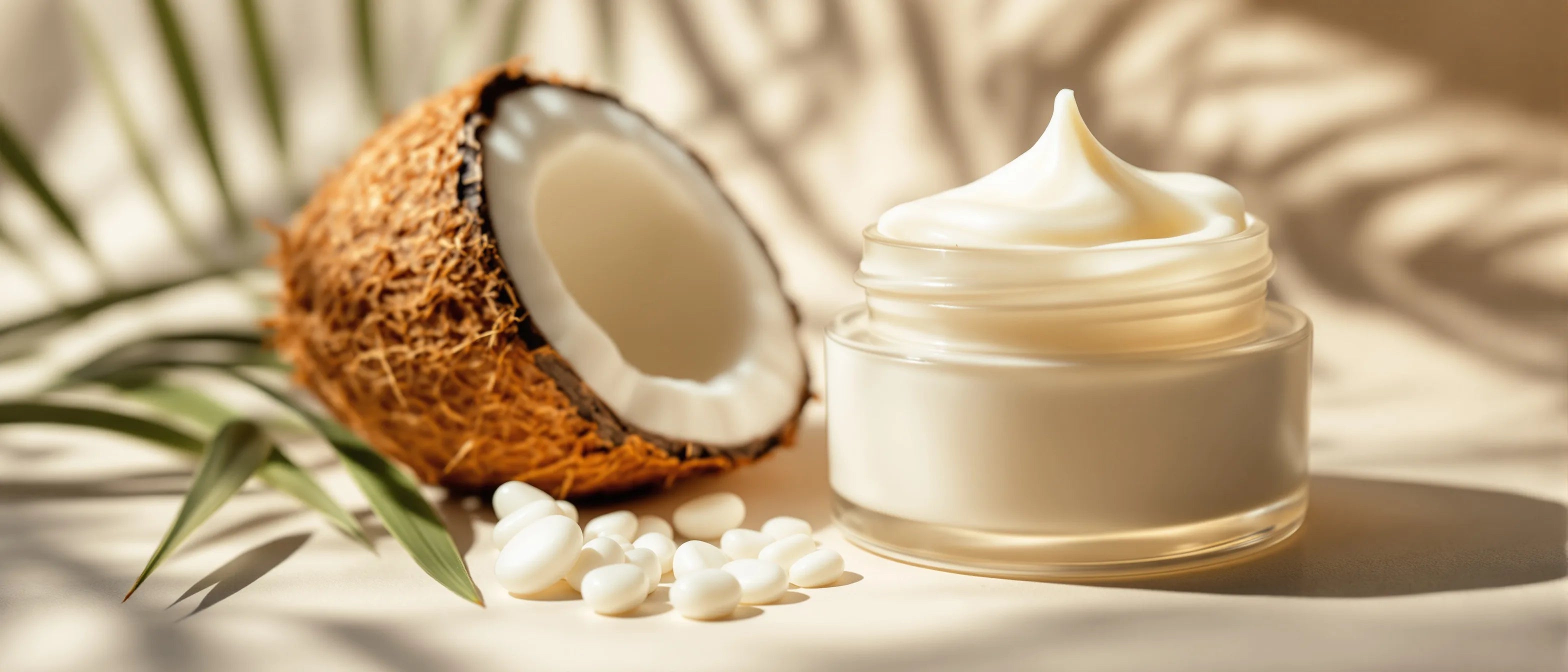 Kokosnuss und Kokosöl neben Cremetiegel – Kokosöl für die Haut, Tays Natural