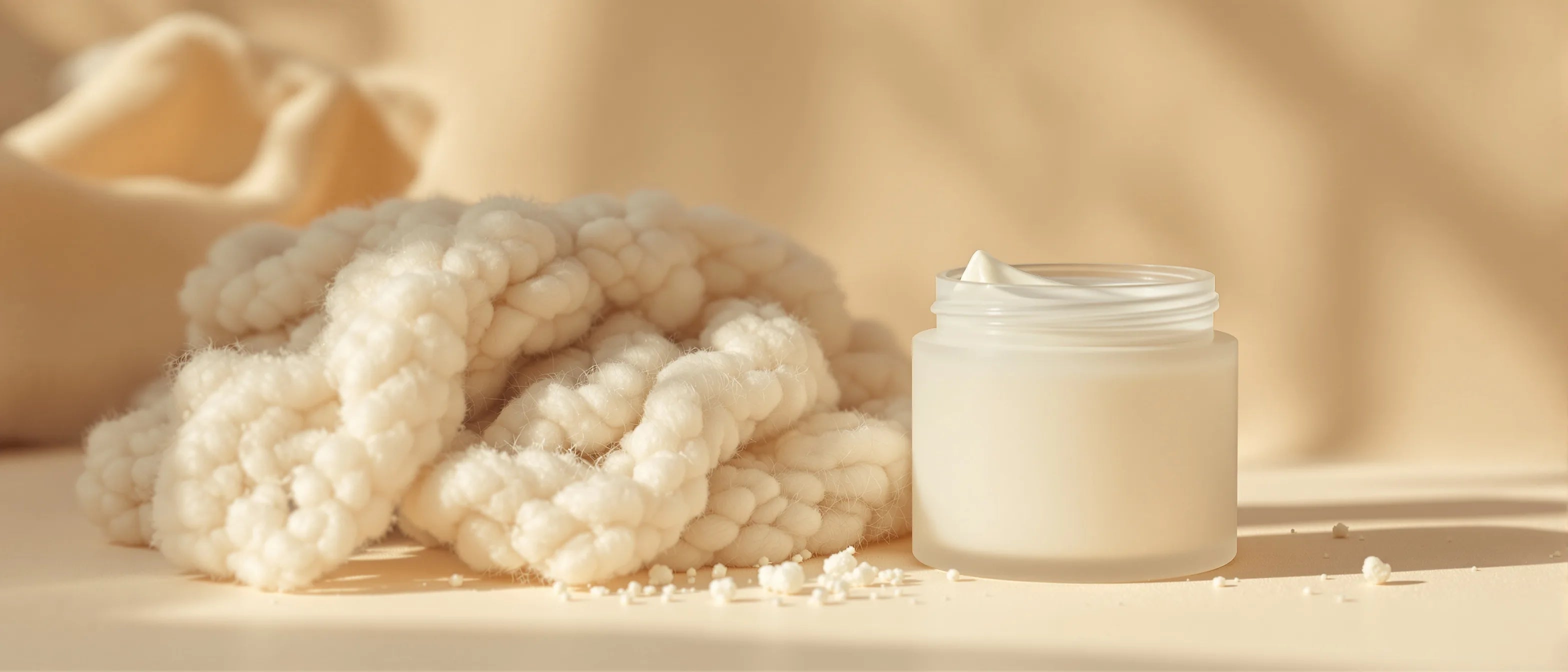 Rohe Schafwolle neben schlichtem Rindertalg-Balsam-Tiegel – Lanolin im Vergleich, Tays Natural