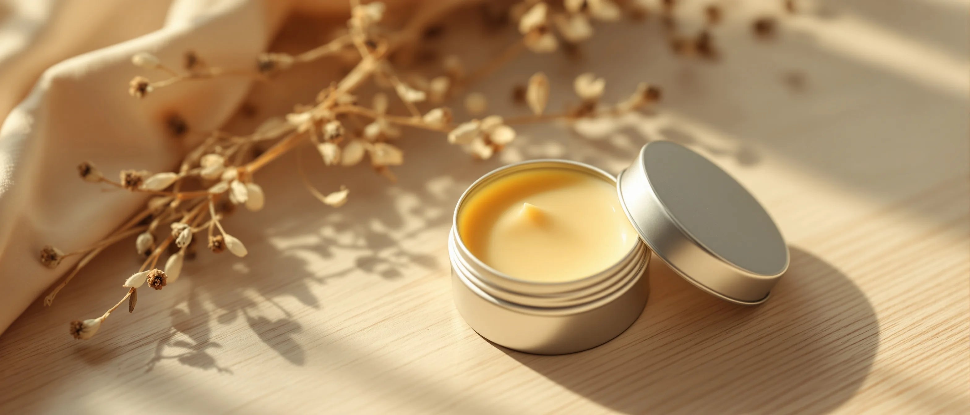 Selbstgemachter Lippenbalsam aus Beef Tallow in einem offenen Tiegel mit getrockneten Blüten