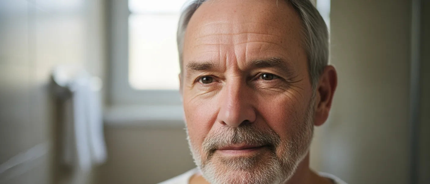 Mann um die 60 mit grauem Bart und echten Alterszeichen – beste Gesichtscreme für Männer ab 60