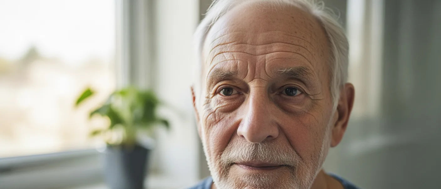 Mann um die 70 mit weißem Haar und tiefen Falten – beste Gesichtscreme für Männer ab 70
