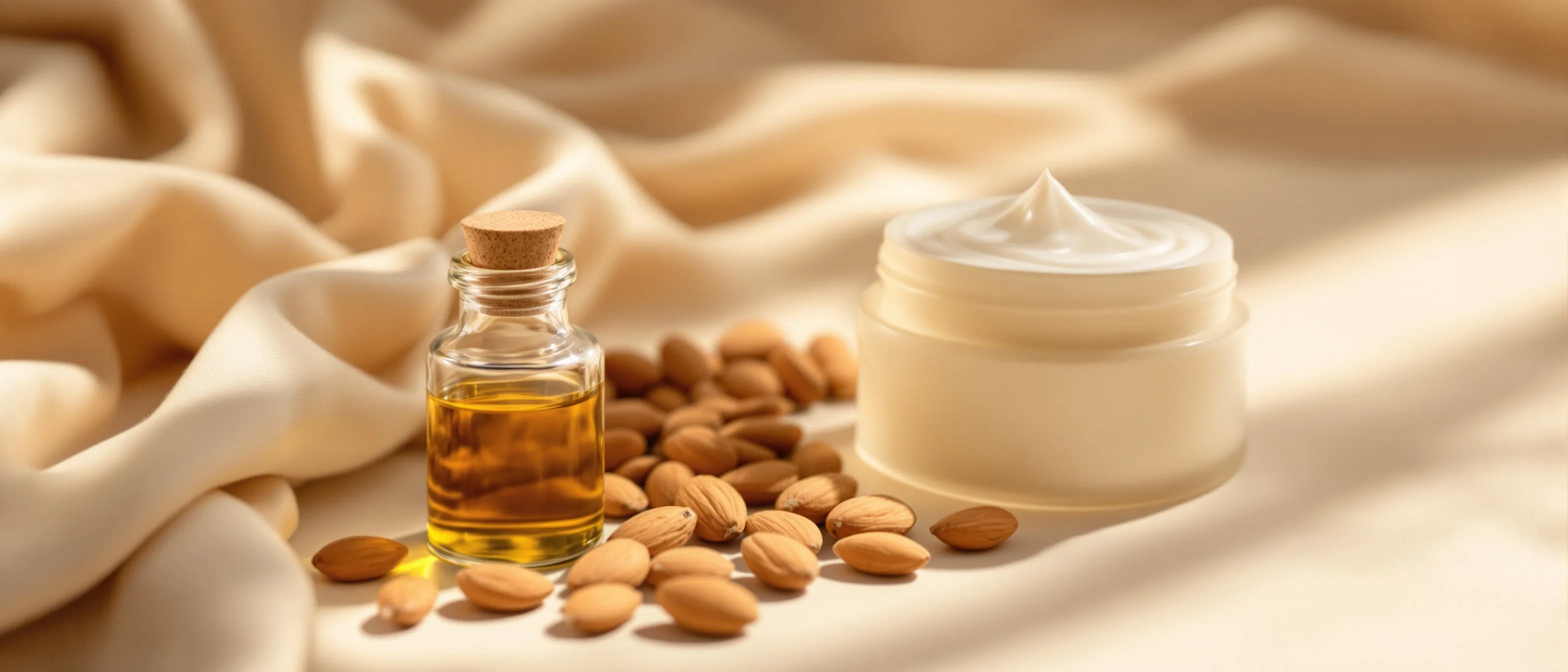 Mandeln und Mandelöl-Fläschchen neben Creme – Mandelöl für die Haut, Tays Natural