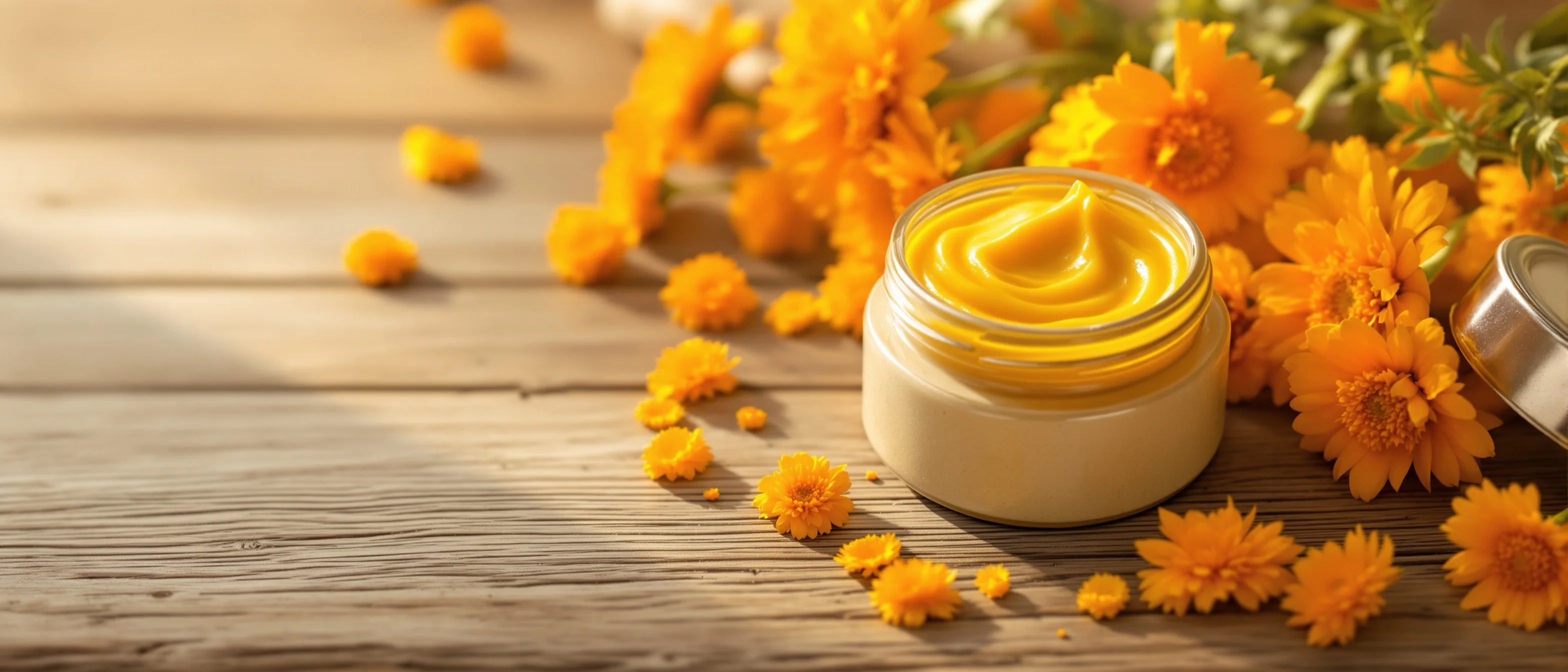 Selbstgemachte Ringelblumensalbe im Tiegel mit frischen Ringelblumen
