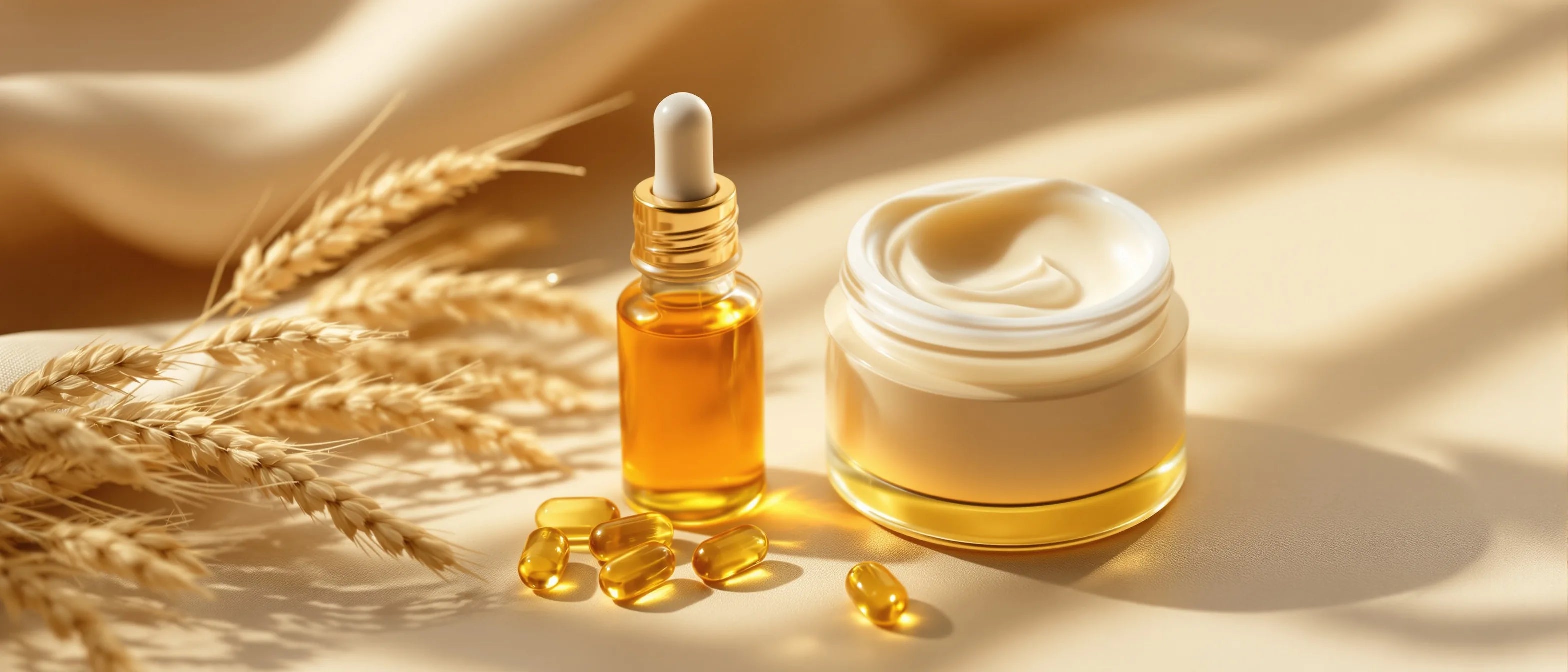 Vitamin-E-Öl-Kapseln und Pipette neben Creme – Vitamin E für die Haut, Tays Natural