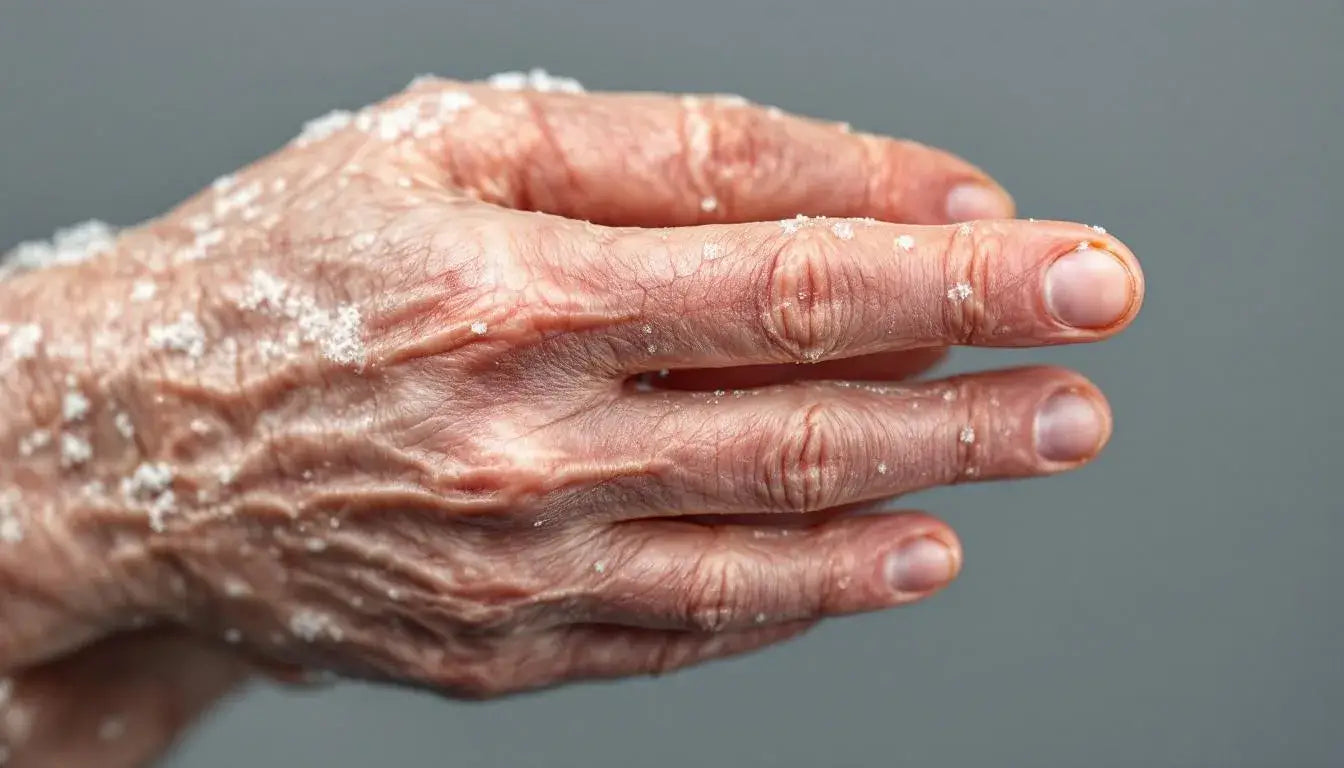 Eine Hand mit trockener Haut im Winter