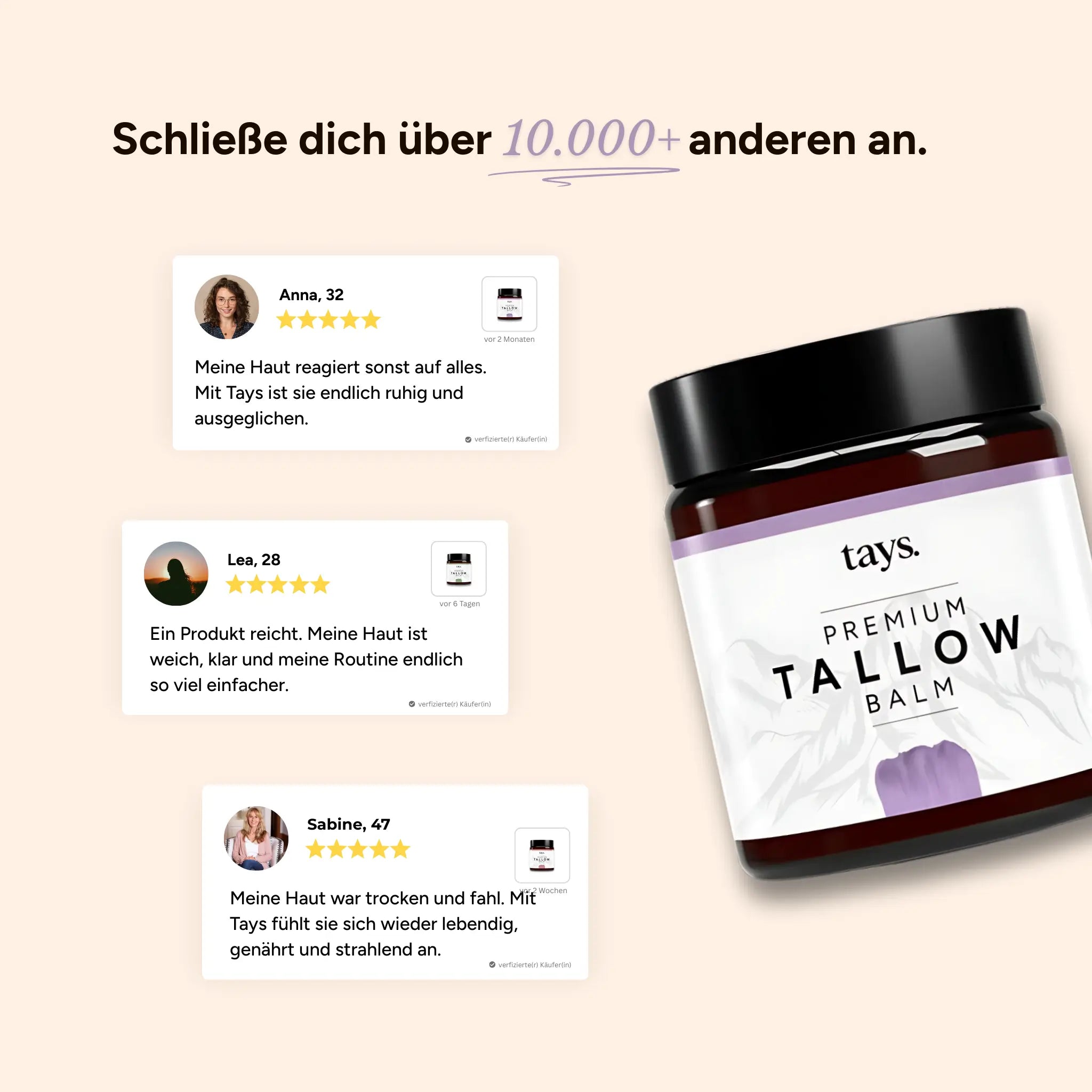 Eine Grafik von der Beef Tallow Creme Lavendel mit Erfahrungsberichten im Hintergrund