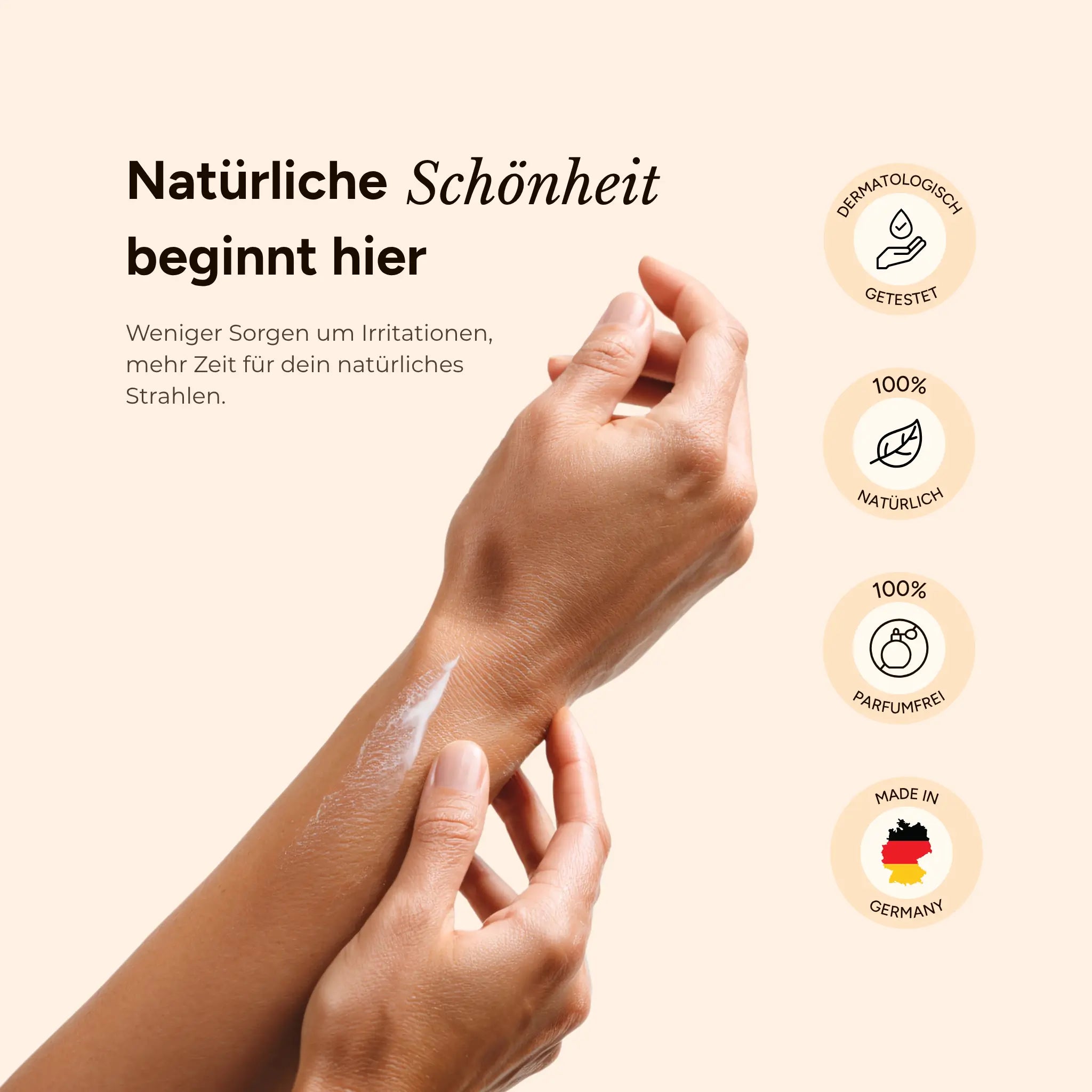 Grafik von zwei Händen mit dem Titel 'Natürliche Schönheit beginnt hier'