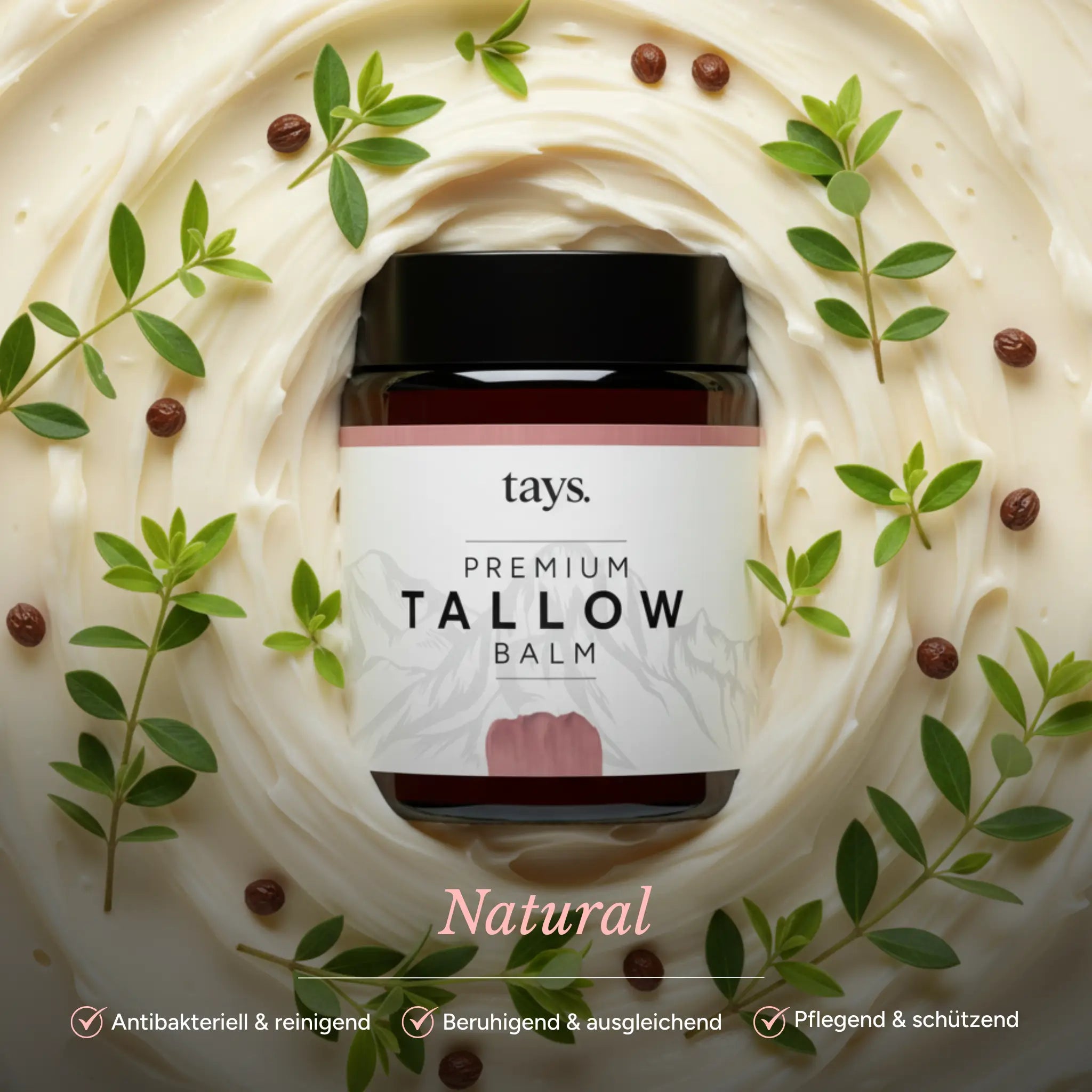 Natur Creme im Glas von tays in einem Beet aus Beef Tallow