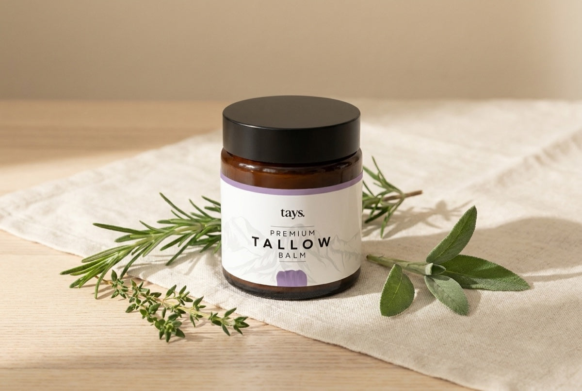 Tays Tallow Balm im Amber-Glas mit frischen Kräutern, nachhaltige Hautpflege