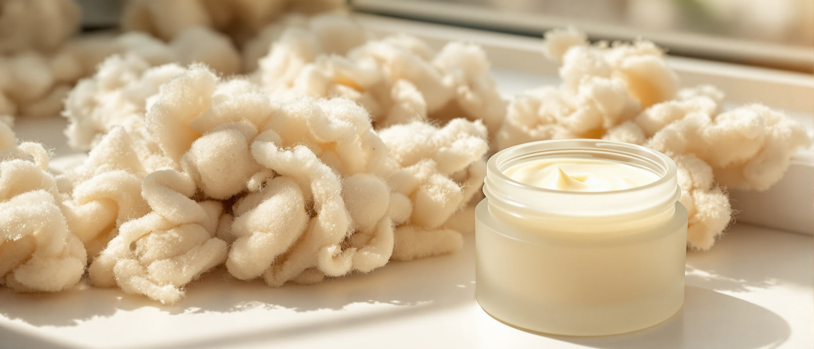 Rohwolle neben schlichtem Balsam-Tiegel – Lanolin für die Haut, Tays Natural