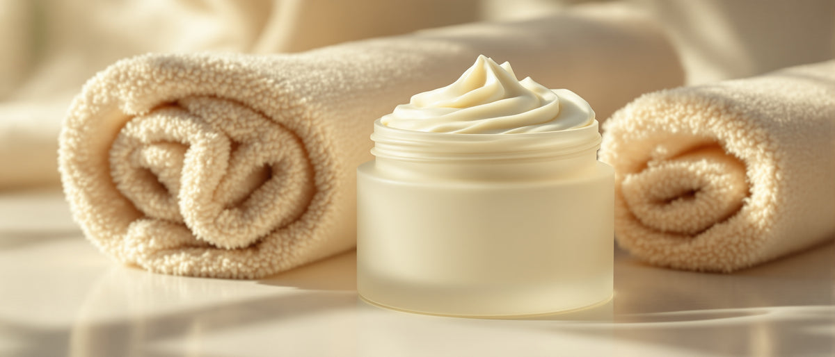 Kühlende Creme im schlichten Tiegel und weiches Tuch – Pflege nach Laserbehandlung, Tays Natural