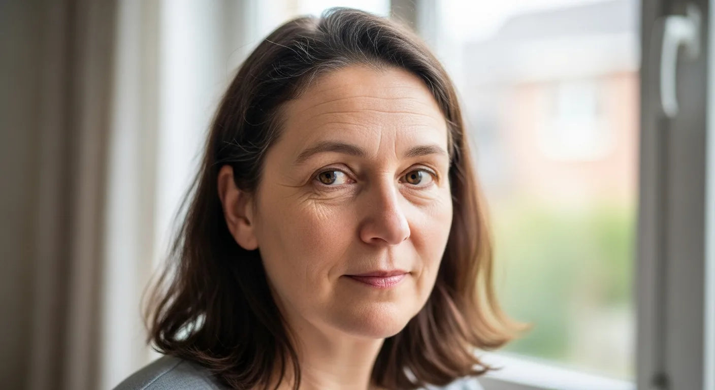 Frau Mitte 40 mit ungeschminkter Haut und ersten feinen Fältchen – beste Gesichtscreme ab 45
