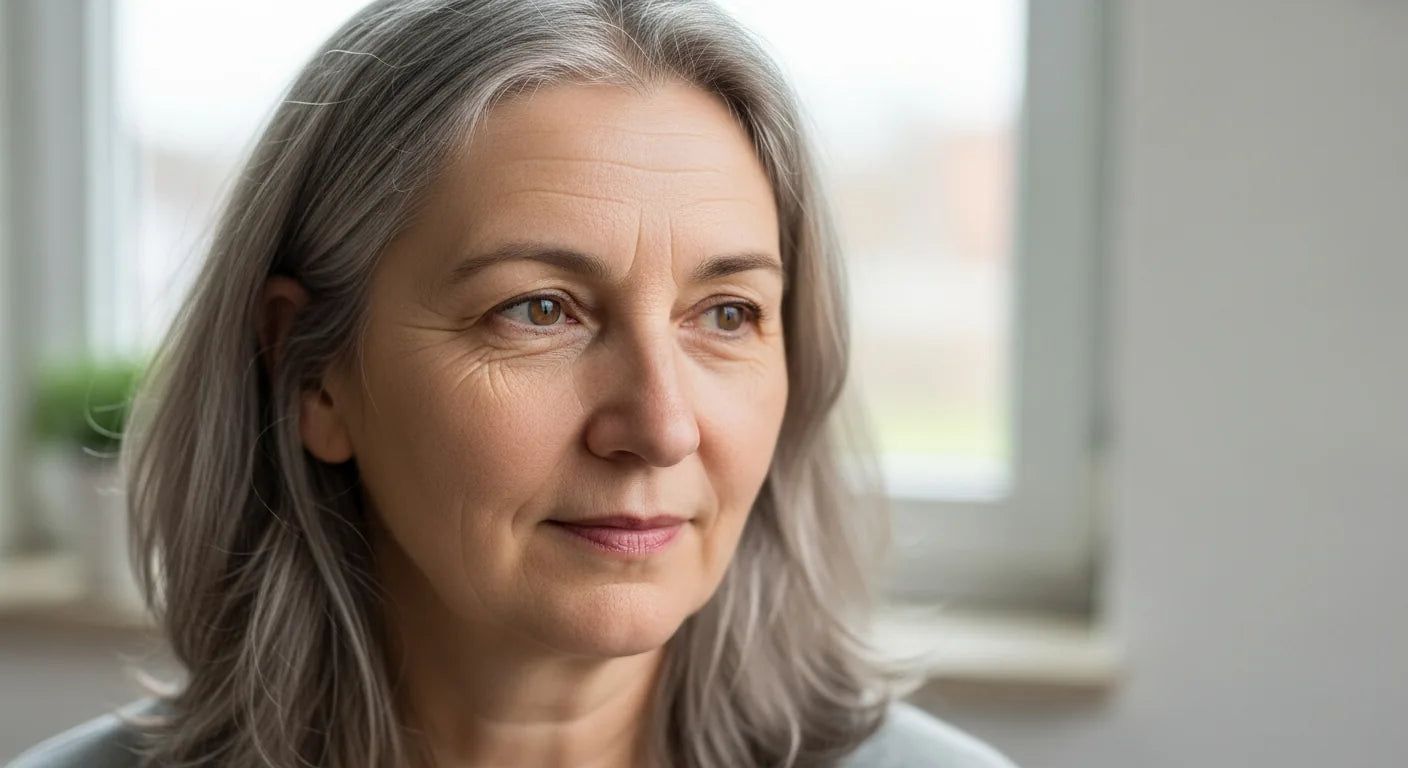 Frau um die 50 mit reifer Haut, feinen Linien und ergrauendem Haar – beste Gesichtscreme ab 50