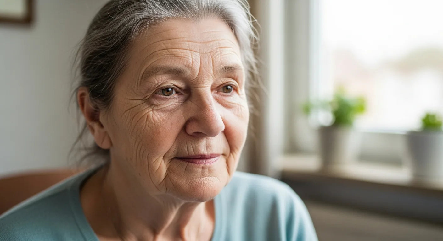 Frau um die 60 mit reifer Haut, echten Falten und grauem Haar – beste Gesichtscreme ab 60