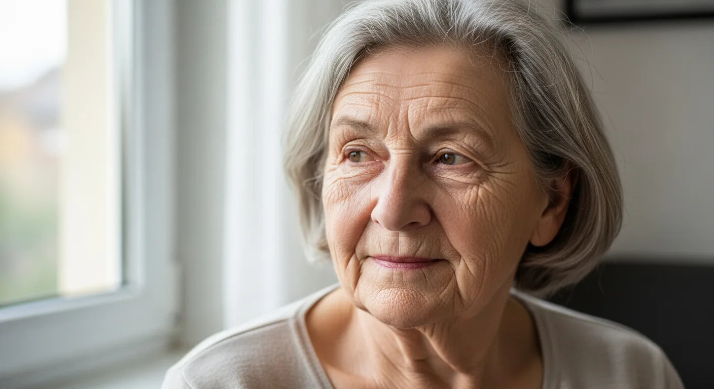 Frau um die 65 mit reifer Haut, ausgeprägten Falten und silbergrauem Haar – beste Gesichtscreme ab 65