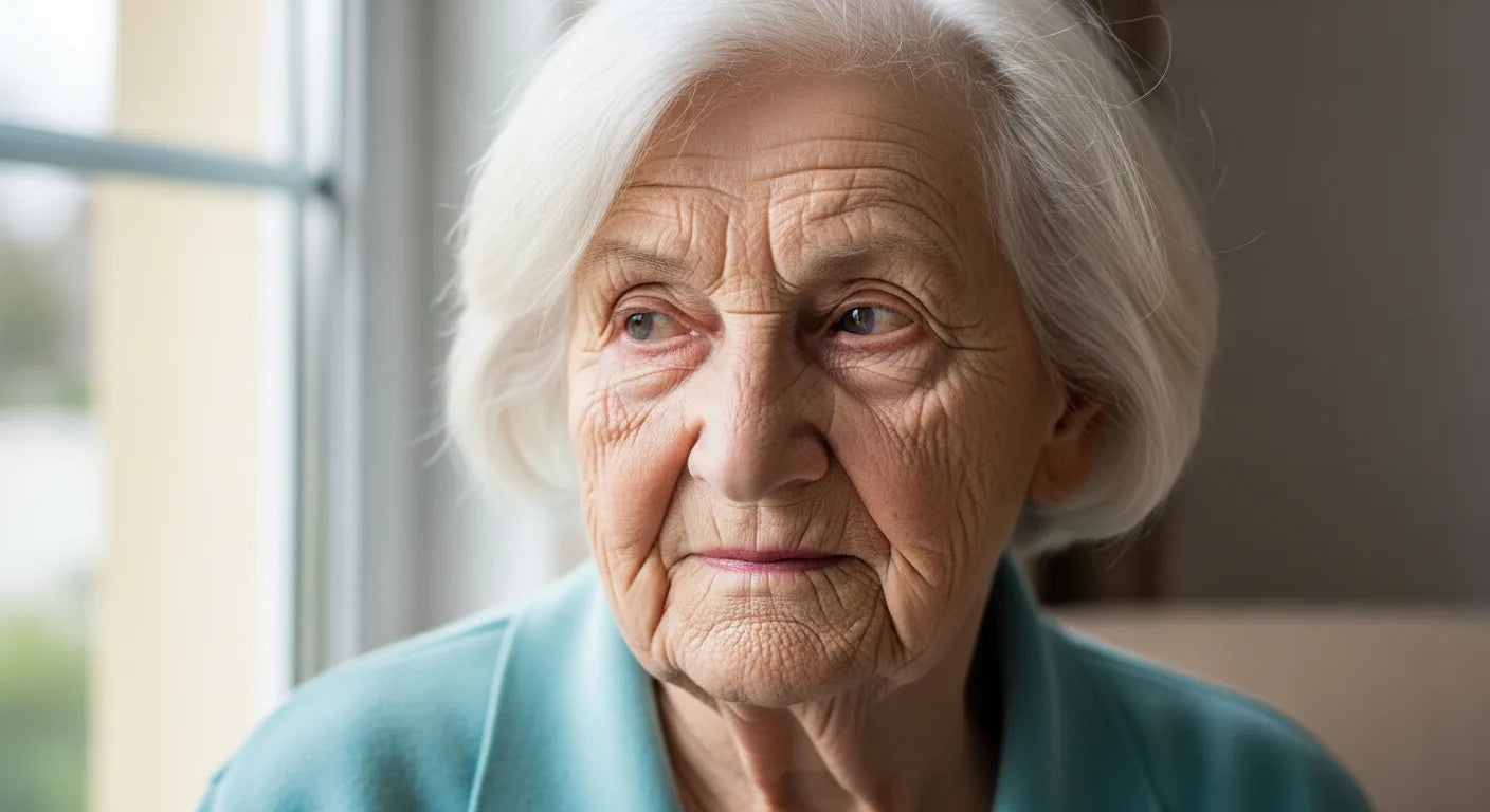Frau um die 70 mit gealterter Haut und weißem Haar – beste Gesichtscreme ab 70