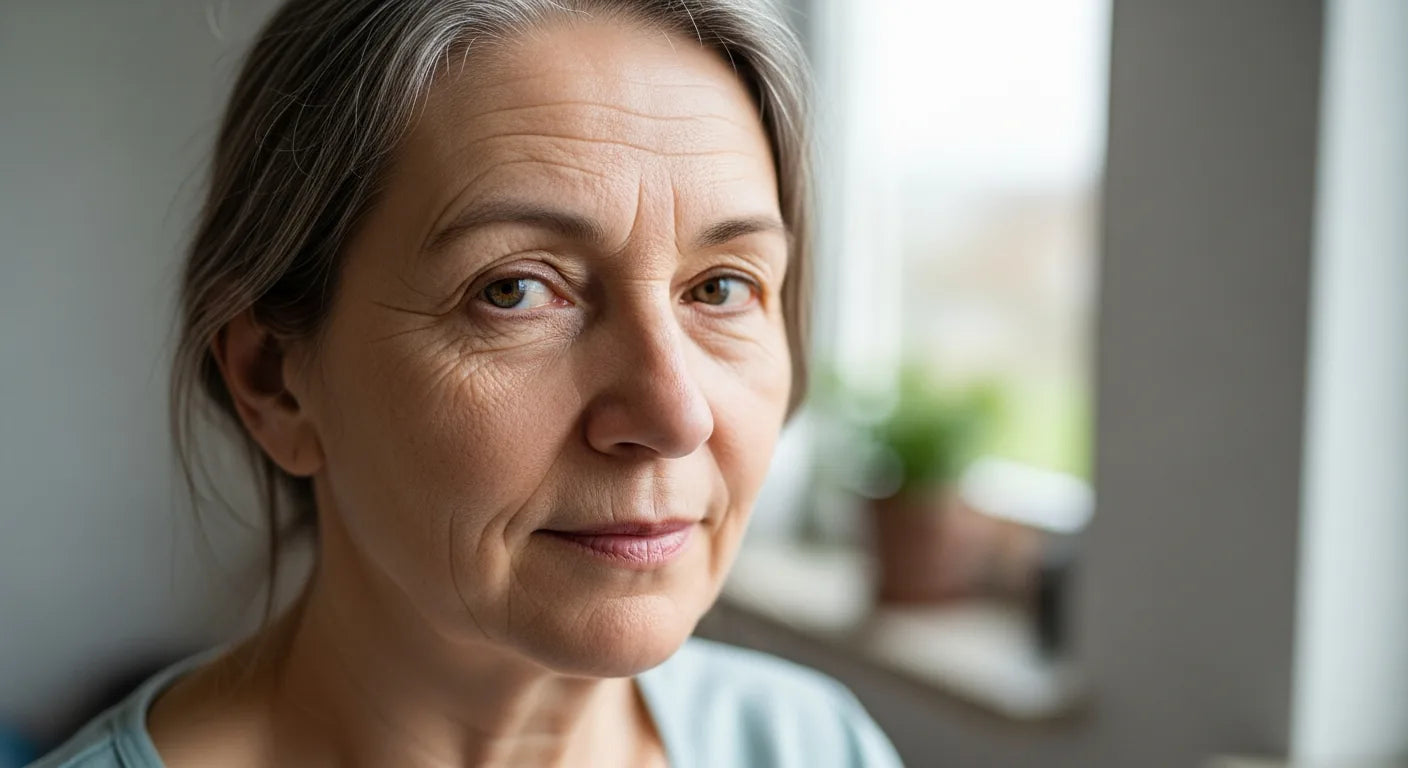 Frau um die 50 in den Wechseljahren mit trockener, reifer Haut – Gesichtscreme für die Wechseljahre