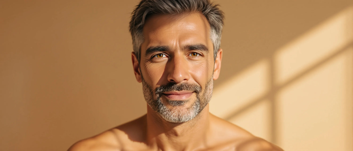 Beste Gesichtscreme für Männer: gepflegter Mann um die 40 mit gesunder Haut