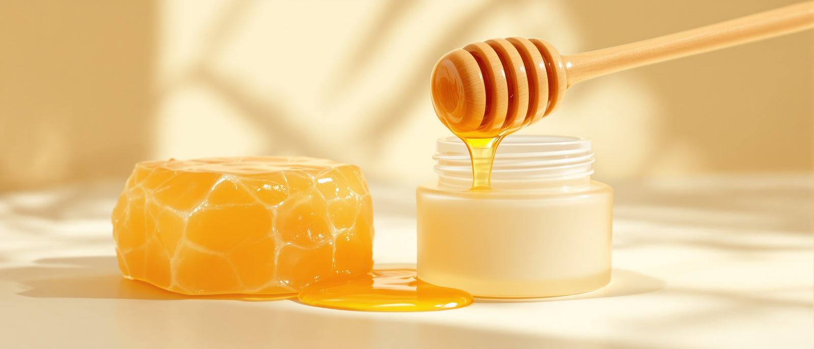 Honigwabe und Honiglöffel neben schlichtem Cremetiegel – Bienengift-Thema, Tays Natural