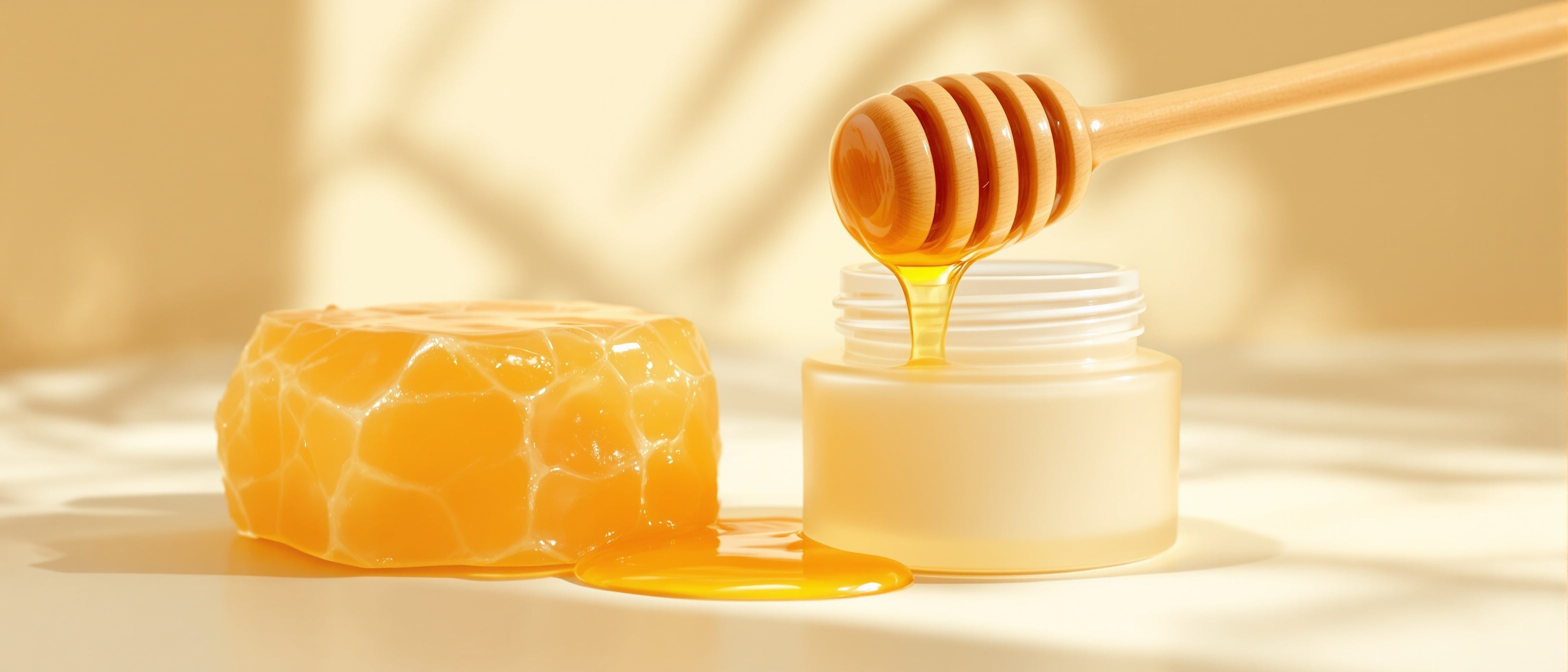 Honigwabe und Honiglöffel neben schlichtem Cremetiegel – Bienengift-Thema, Tays Natural