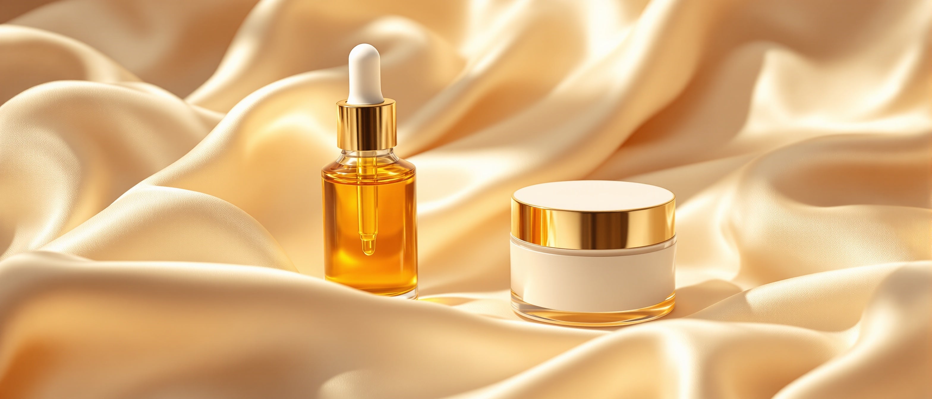 Goldener Serumtropfen neben schlichtem Cremetiegel – Coenzym Q10 für die Haut, Tays Natural