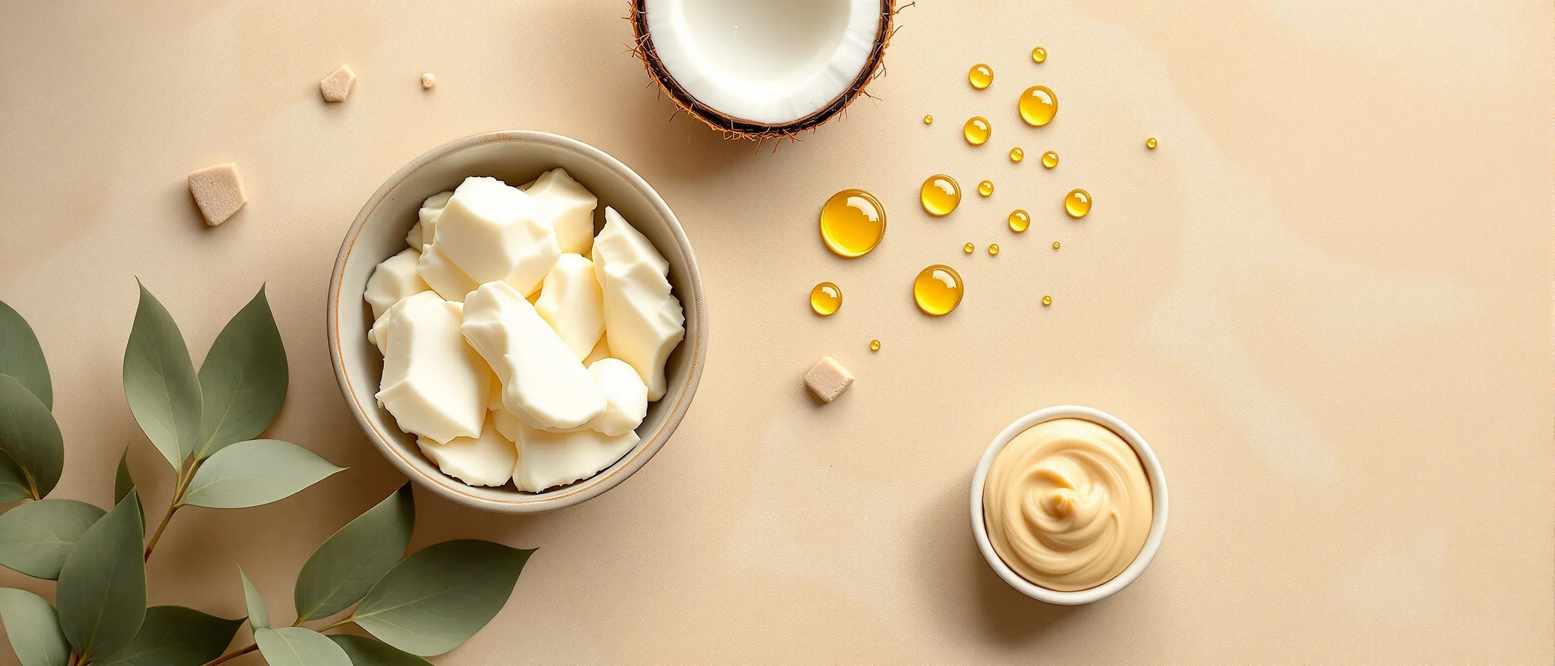 Vegane Alternativen zu Beef Tallow: Sheabutter, Kokosnuss, Pflanzenöl-Tropfen und cremige Pflanzenbutter