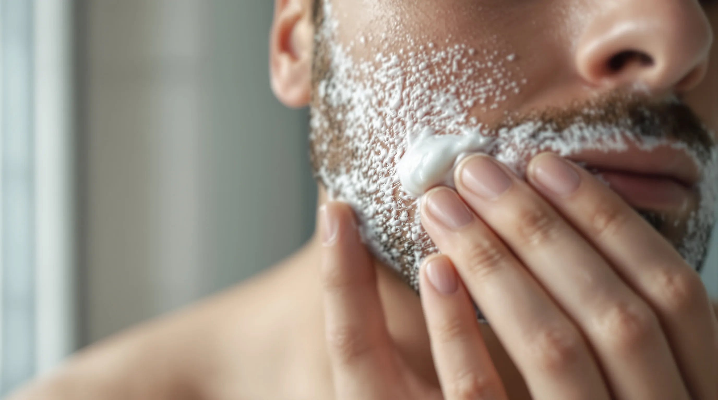 Mann pflegt seine Haut nach der Rasur mit Balsam – Aftershave Balsam für Männer