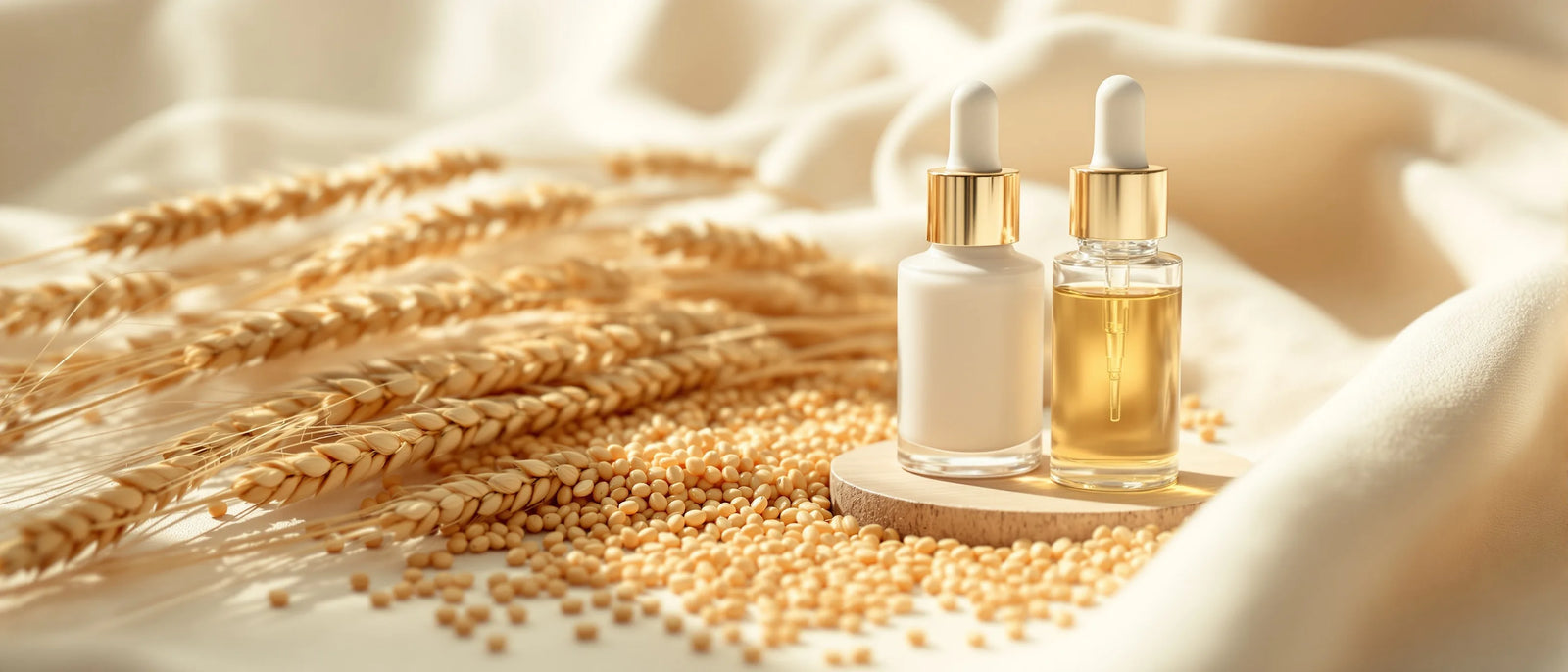 Getreidekörner neben Creme und Serum – Azelainsäure für die Haut, Tays Natural