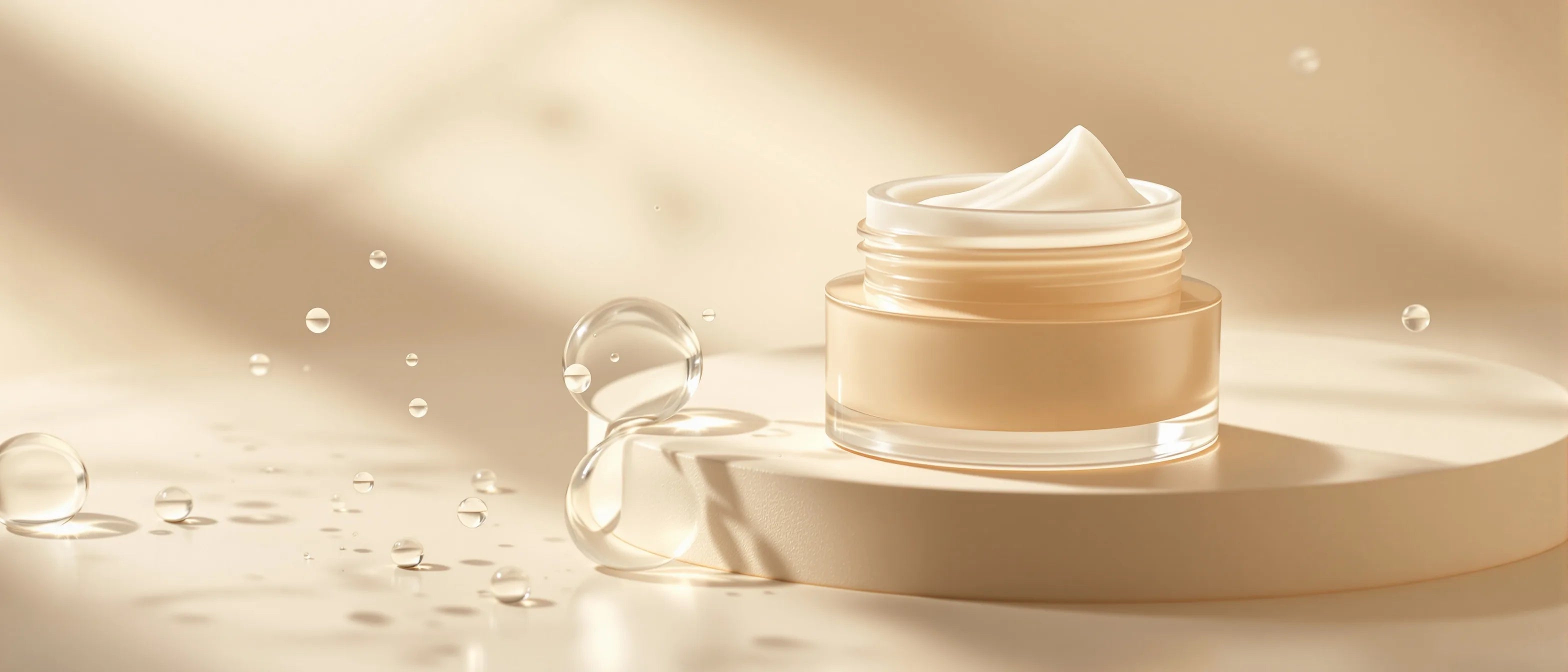 Klare Wasser- und Gel-Tropfen neben Creme – Ectoin für die Haut, Tays Natural