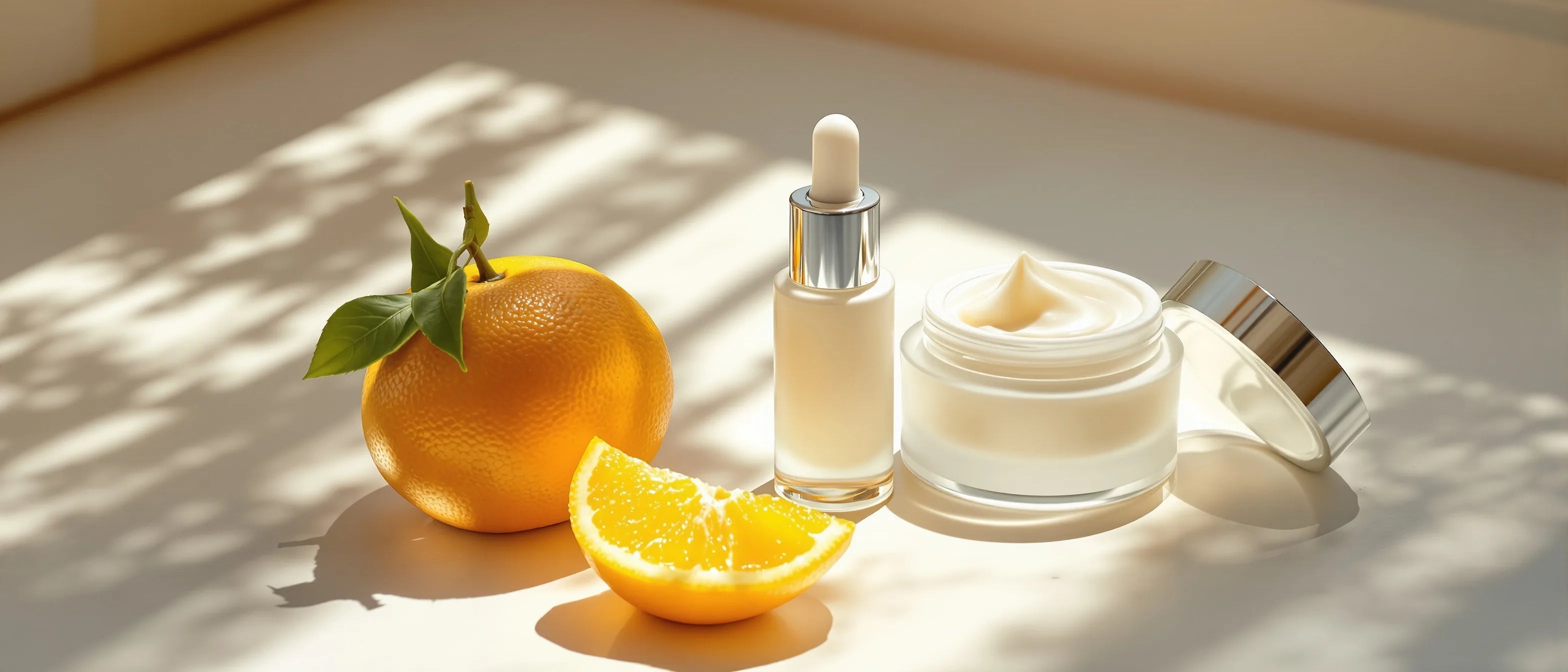 Zitrus und Serum neben Creme – gegen Pigmentflecken, Tays Natural