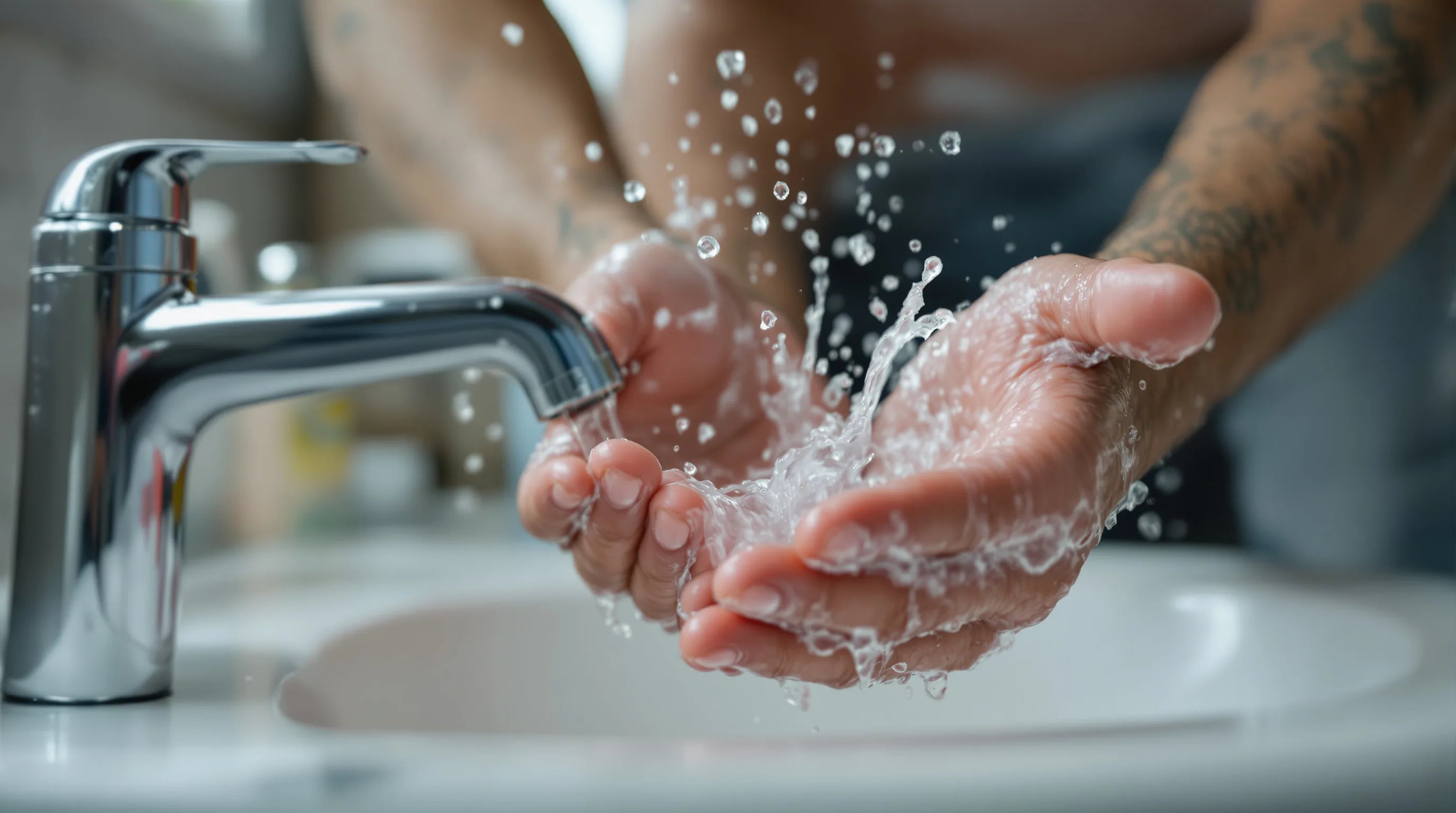 Mann bei der Gesichtsreinigung am Waschbecken – Gesichtsreinigung für Männer