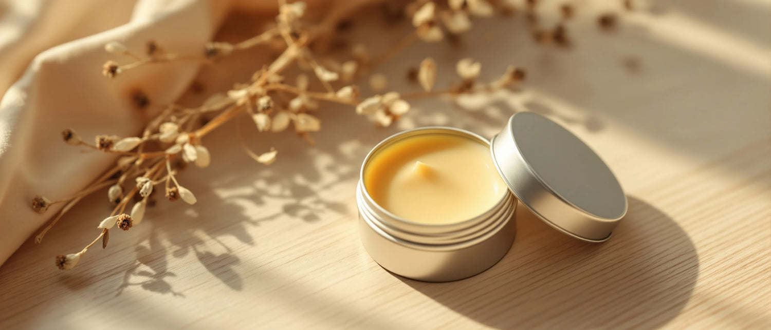 Selbstgemachter Lippenbalsam aus Beef Tallow in einem offenen Tiegel mit getrockneten Blüten