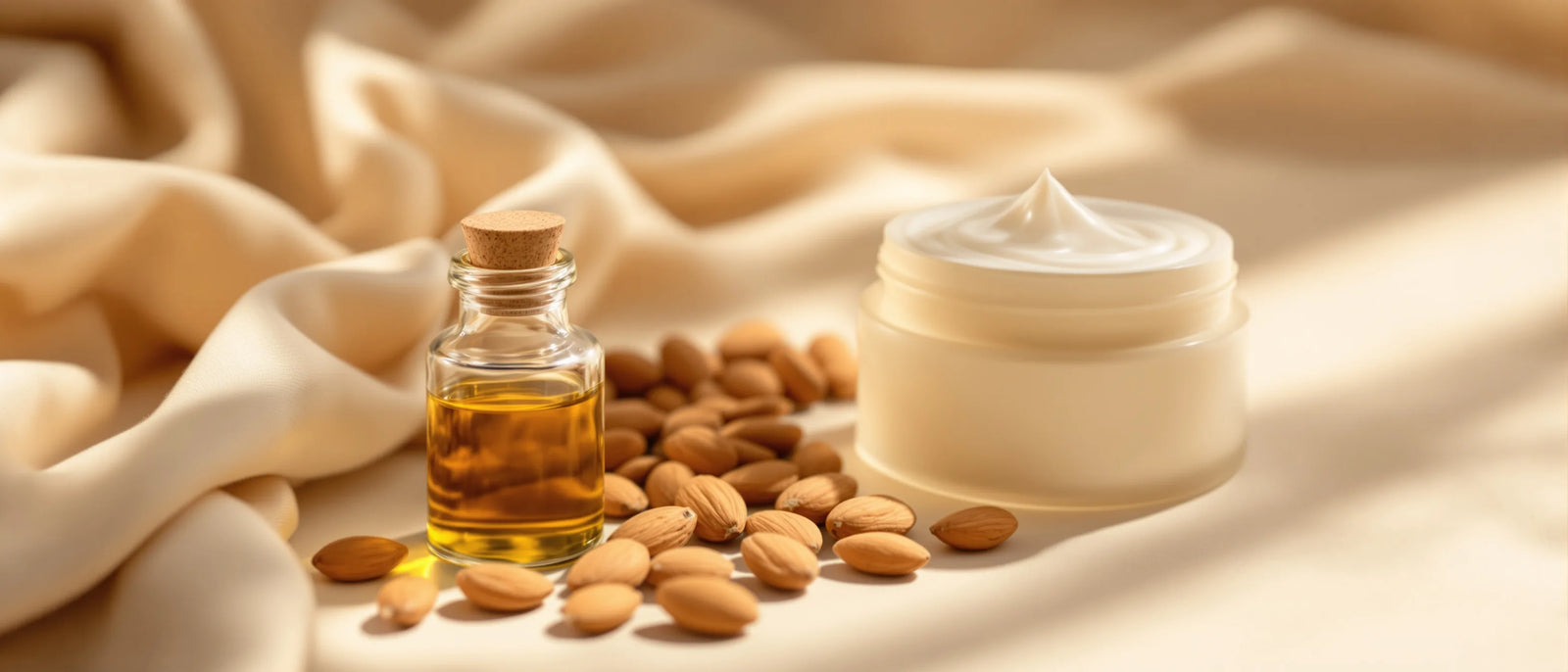 Mandeln und Mandelöl-Fläschchen neben Creme – Mandelöl für die Haut, Tays Natural