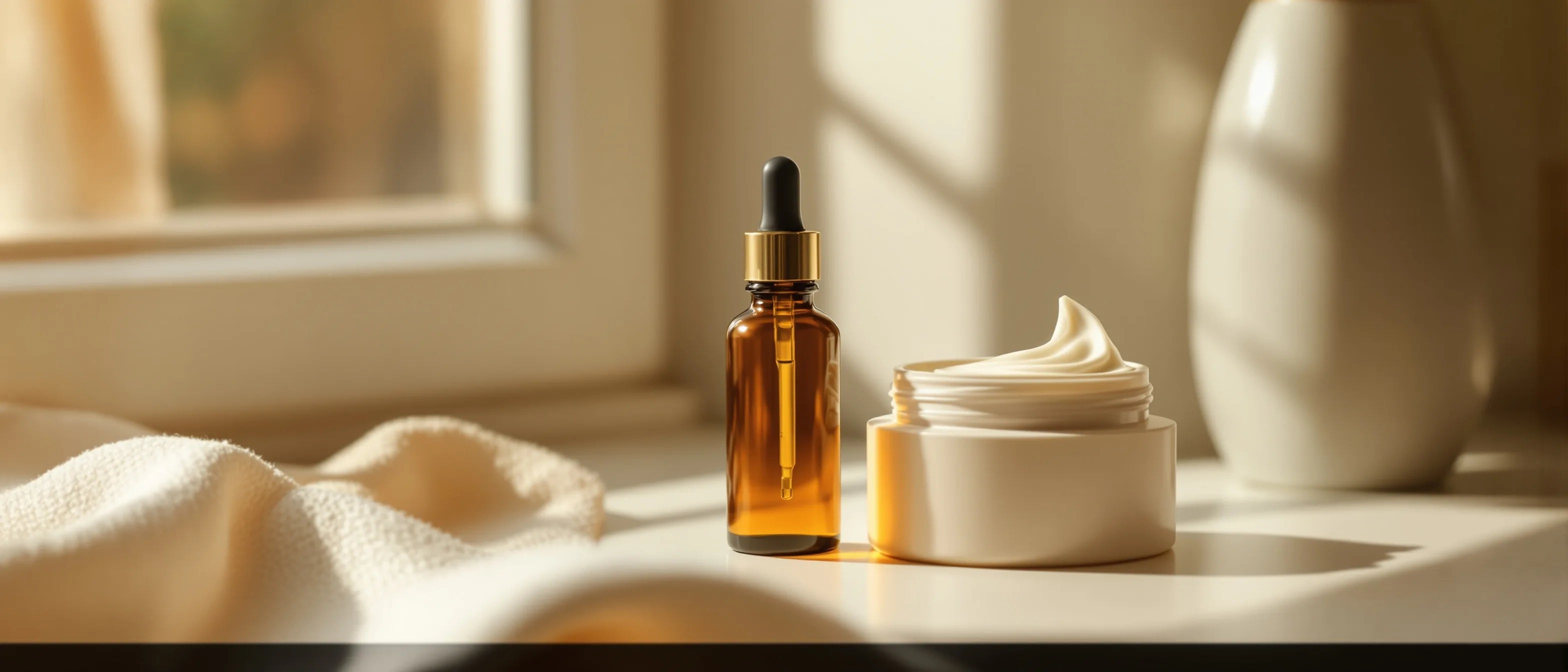 Braunglas-Serumfläschchen neben Creme – Retinol, Tays Natural