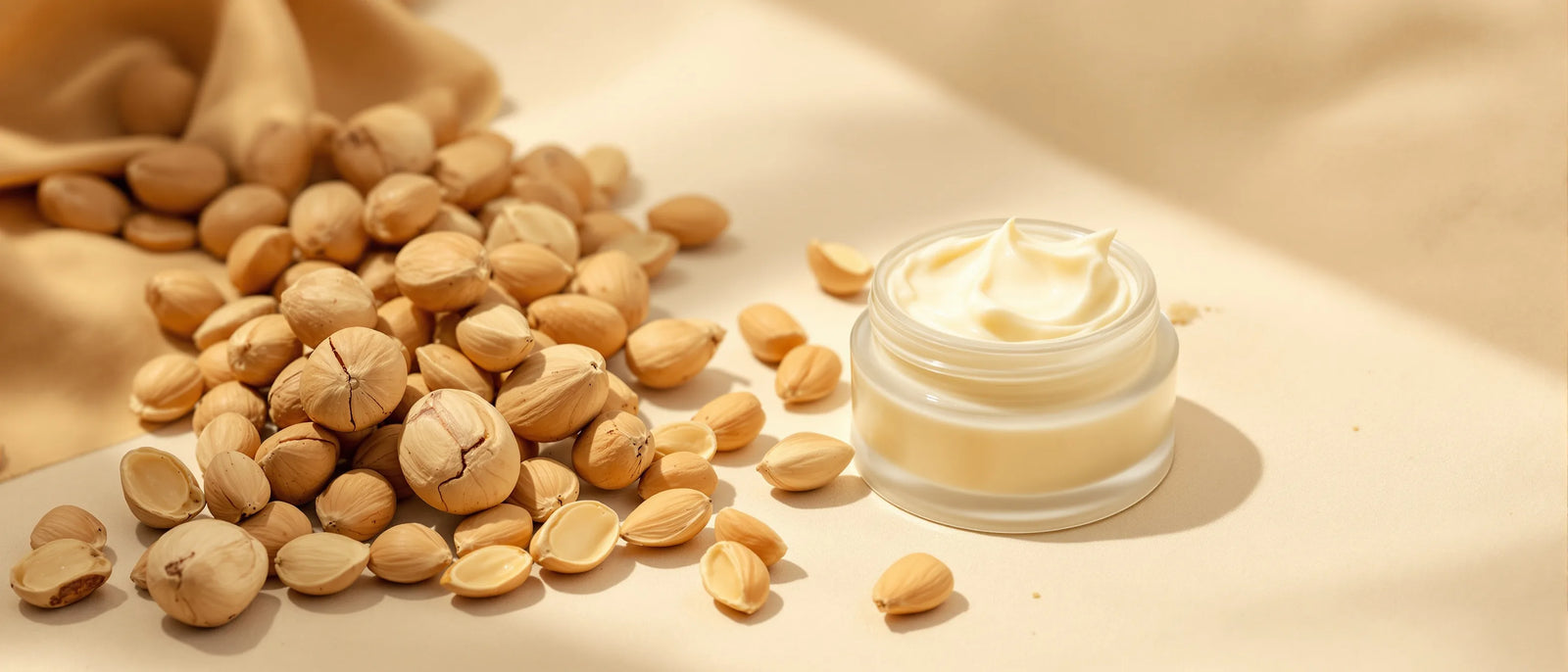 Sheanüsse und Sheabutter neben einem Cremetiegel – Tays Natural