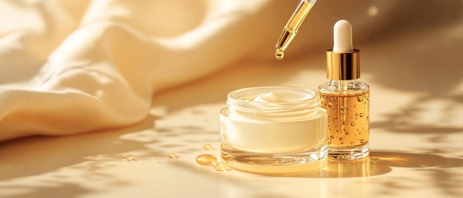 Leichtes Pflegeöl mit Pipette neben Creme – Squalan, Tays Natural