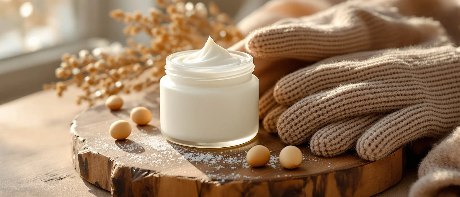 Reichhaltige Handcreme im schlichten Tiegel mit Strickhandschuhen im Winter – Tays Natural