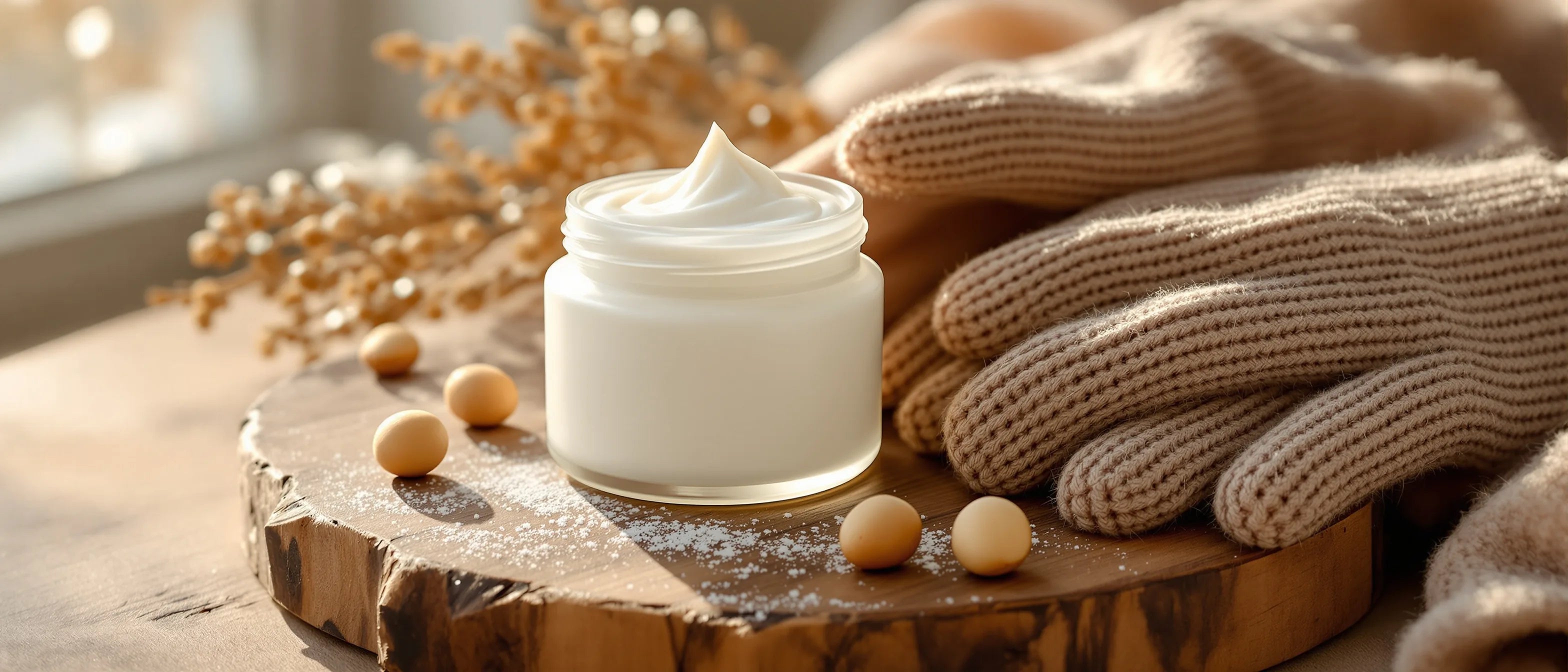 Reichhaltige Handcreme im schlichten Tiegel mit Strickhandschuhen im Winter – Tays Natural