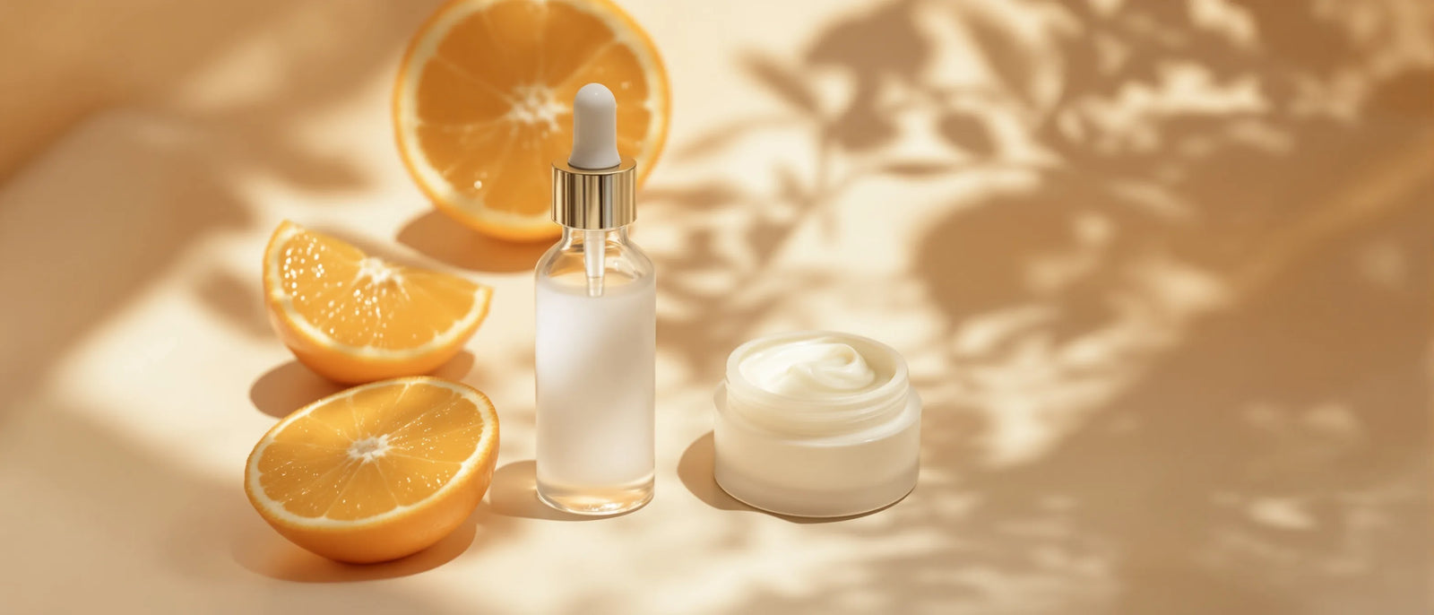 Zitrusscheiben und Serum neben Creme – Vitamin C, Tays Natural