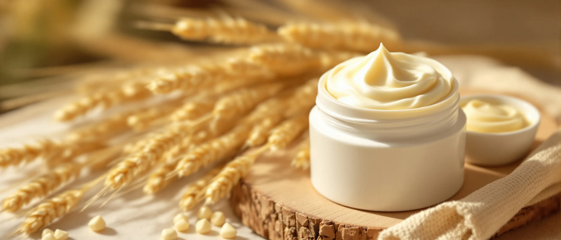 Rindertalg Creme aus grasgefüttertem Weiderind neben Weizenähren – Tays Natural
