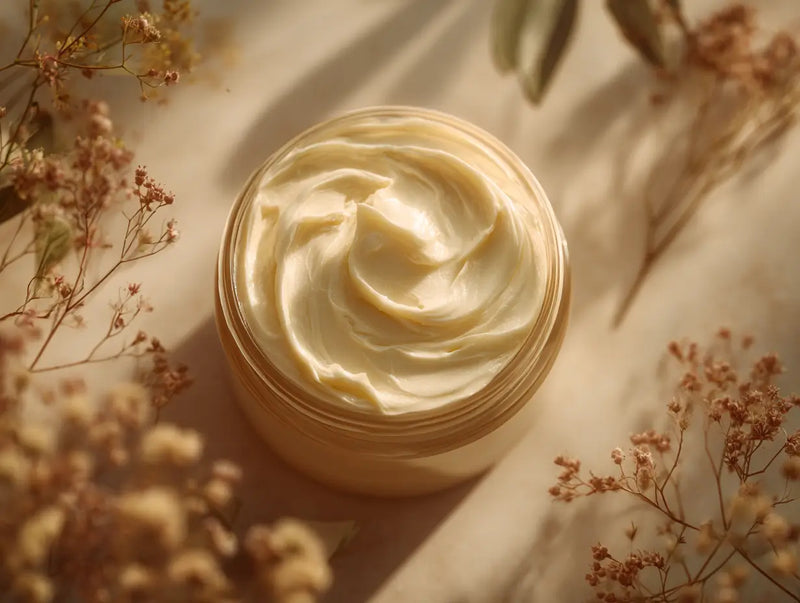 Eine Rindertalg Creme neben pflanzlichen Sträuchern