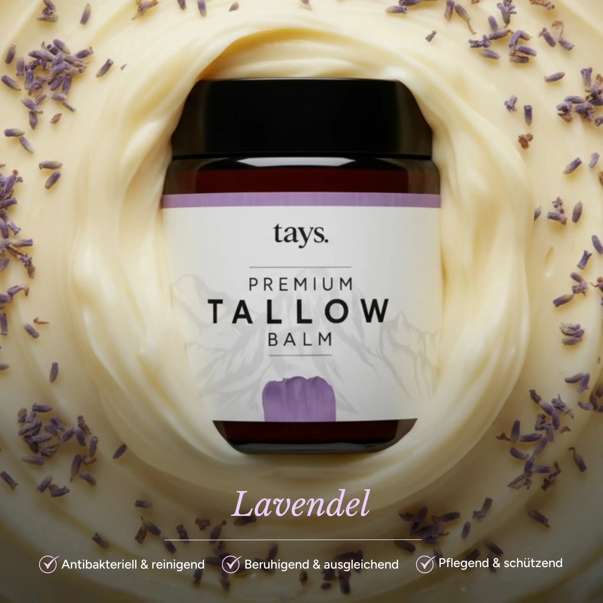 Lavendel Creme im Glas von tays in einem Beet aus Rinderfett